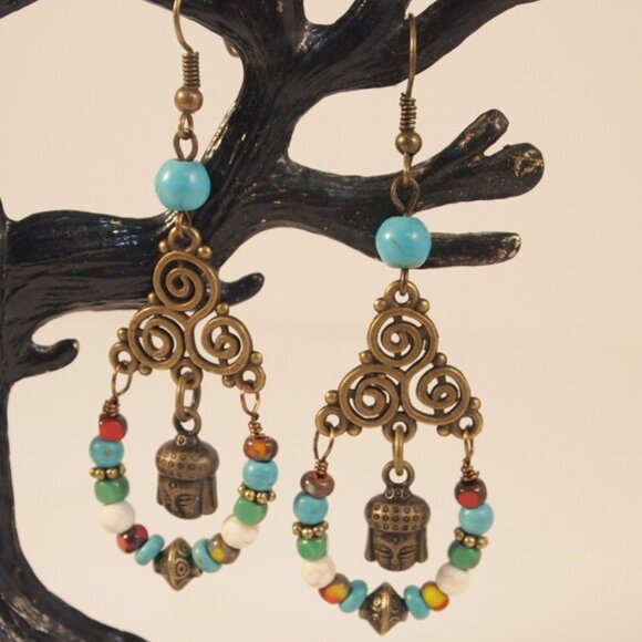 Handmade Buddha Chandelier Earrings Dangle Pierced or Clip-on Earrings - Picture 2 of 6